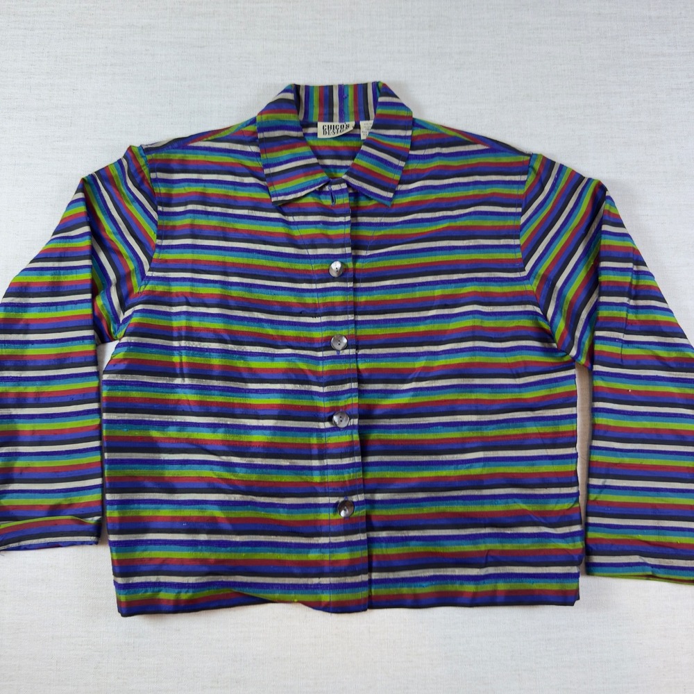 Chicos Design Silk Blend Multi Color Stripe Button Front Shirt Size 1 Womens
